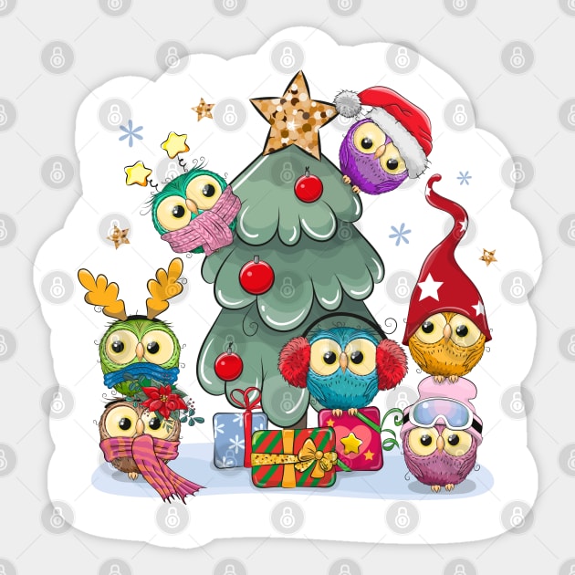 Cute Christmas tree with little colorful owls sitting on it Sticker by Reginast777